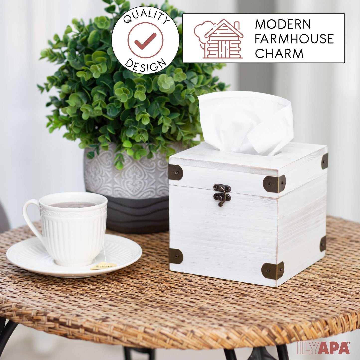Ilyapa 5 x 6 Rustic Tissue Box Holder - Hinged Lid Tissue Dispenser for Bathroom Living Room Bedroom - White Weathered Wood