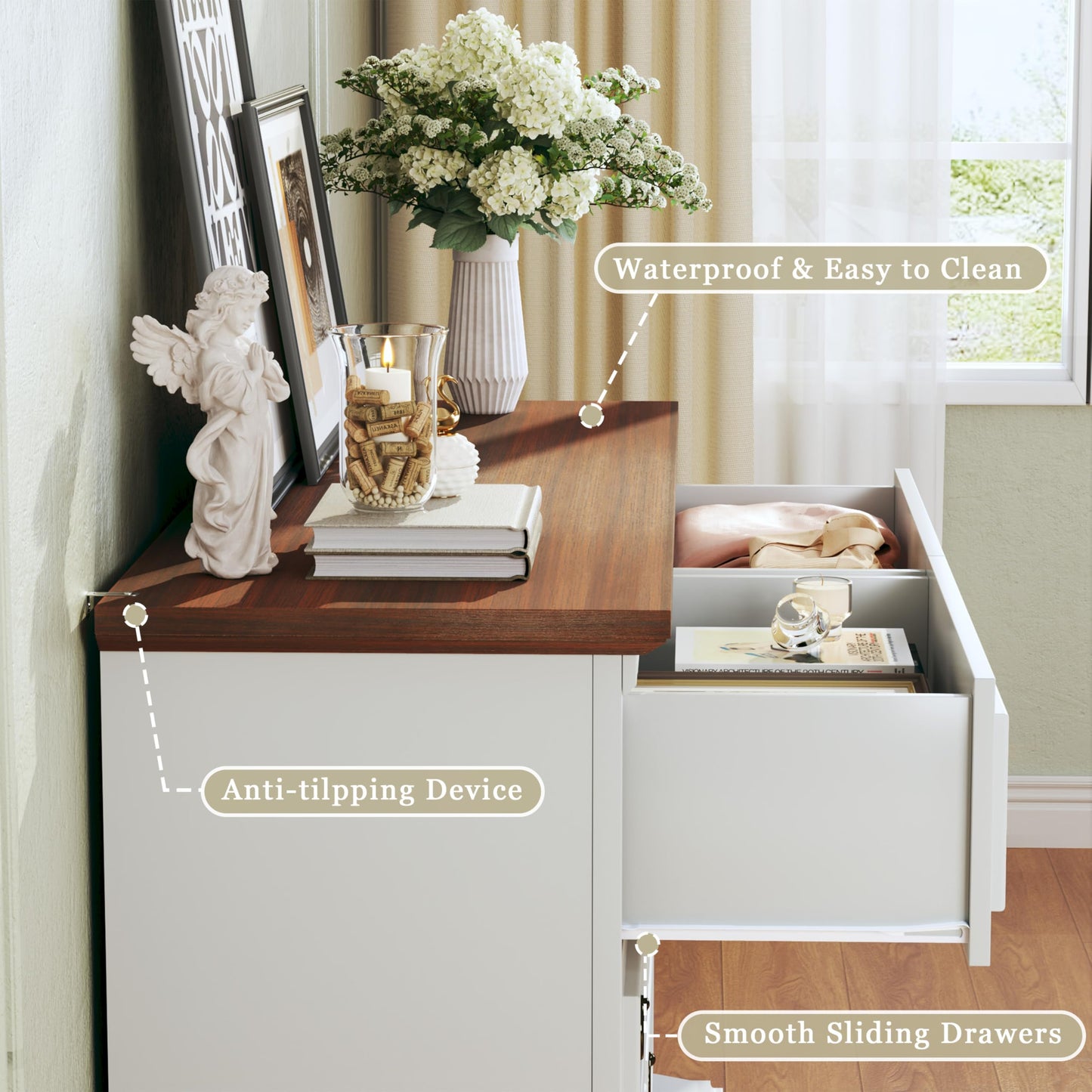 HUAHUU Farmhouse 6 Drawer Dresser for Bedroom, 47" Wide Chest of Drawers with Roman Column, White Wood Dresser with Antique Bronze Circle Handles, Storage Organizer for Living Room, Hallway, Entryway