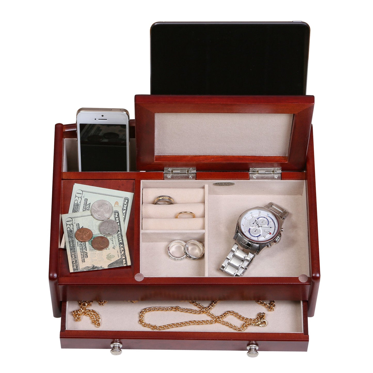 Mele and Co Davin Men’s Dresser Valet Wooden Jewelry Box