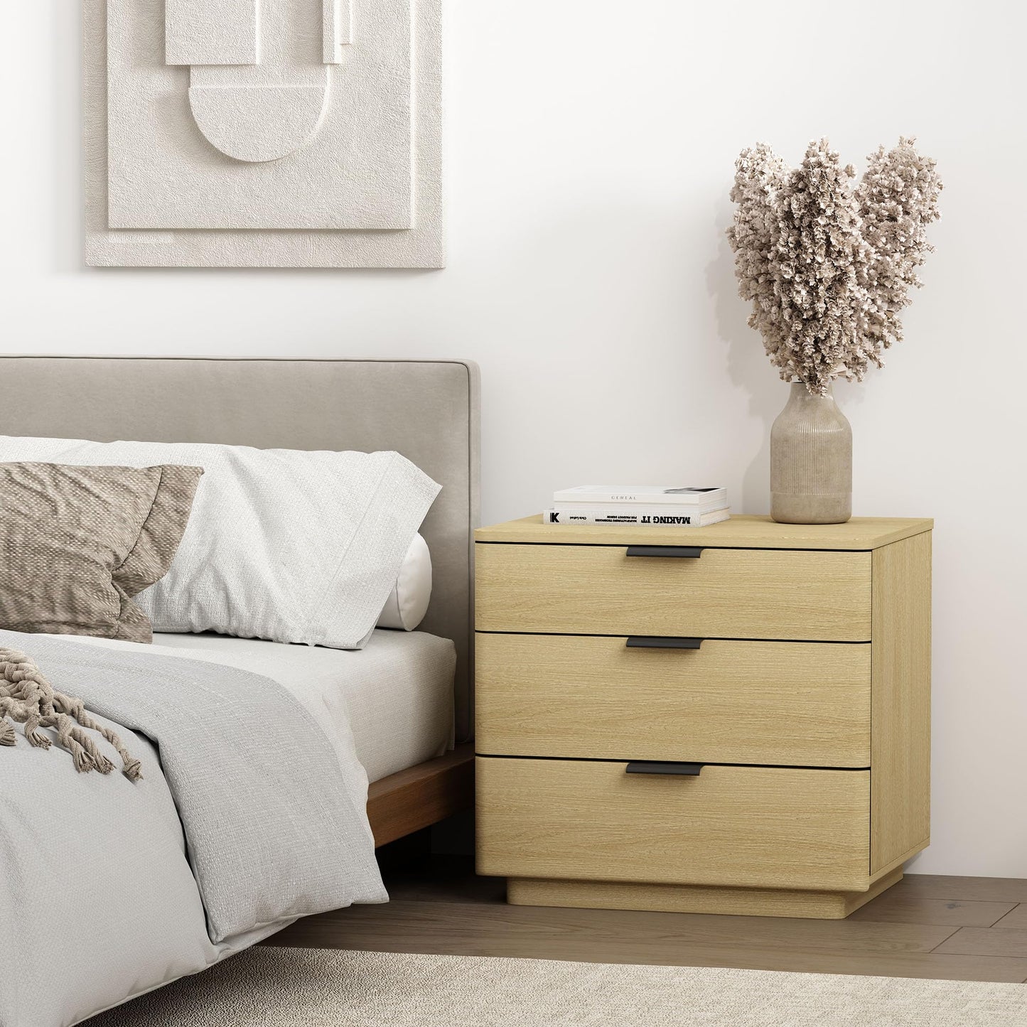 Manhattan Comfort Payton Modern 3-Drawer Nightstand with Raised Base and Rounded Corners, Boho End Table, Scandinavian Nightstand for Bedroom, or Living Room in Natural Oak Finish with Black Handles