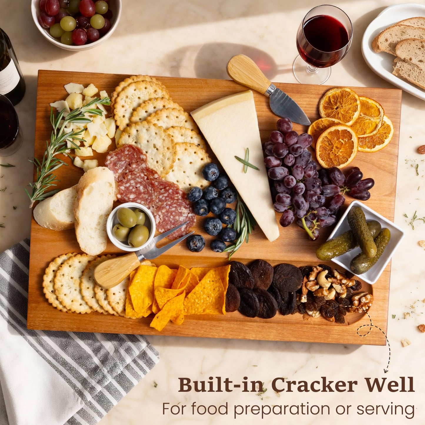 Empune Cherry Wood Cutting Boards for Kitchen Wooden Cutting Board with Handle, Chopping Board with Built-in Juice Groove & Well, Heavy-duty Charcuterie Board Butcher Block, 16.5x11.8x1.4 Inches