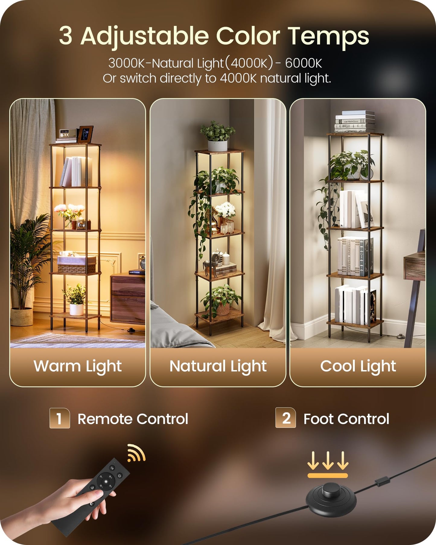 GOEBLESON Display Shelf with Light, 5-Tier Modern Shelf Lamp, Corner Floor Lamp with Shelves, Dimmable LED Floor Lamp for Living Room with Remote, 3CCT, Timer, Wooden Corner Shelf Lamp, F52LD05