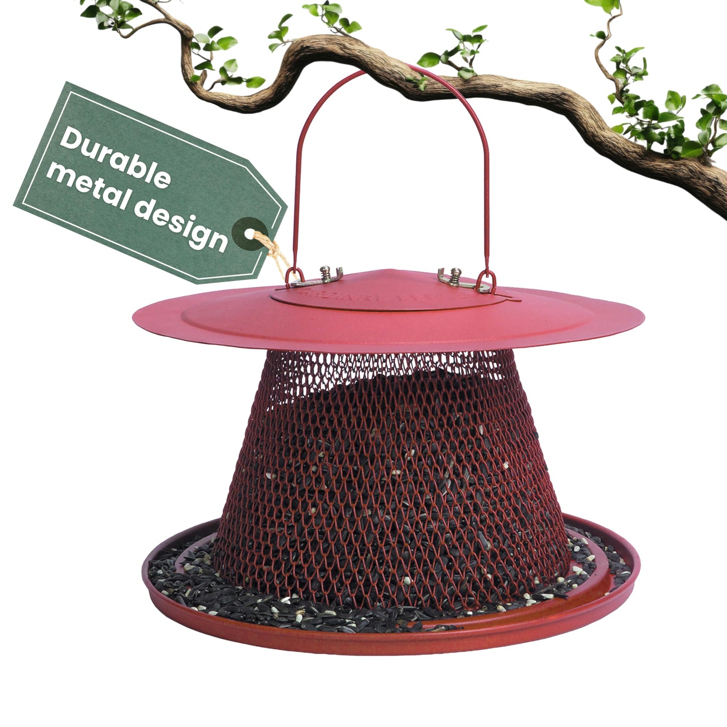 Perky-Pet Red Cardinal Wild Bird Feeder - 2.5 lb Seed Capacity, Holds Up to 15 Birds Simultaneously, Metal Hanging Feeder for Outdoors, Collapsible Mesh Design, Built-In Hook & Circular Tray, C00322