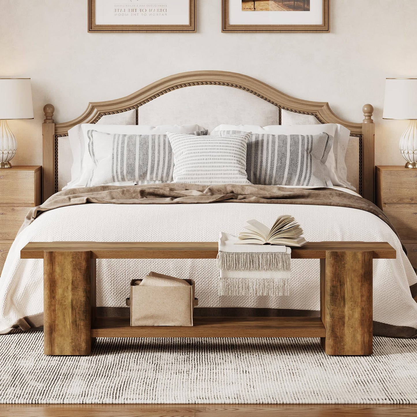 LITTLE TREE Wood Entryway Bench, 63" End of Bed Bench with Storage Shelf, Farmhouse Extra Long Shoe Bench for Entryway, Dining Room, Hallway, Living Room, Bedroom, Double-Reinforced Legs, Brown