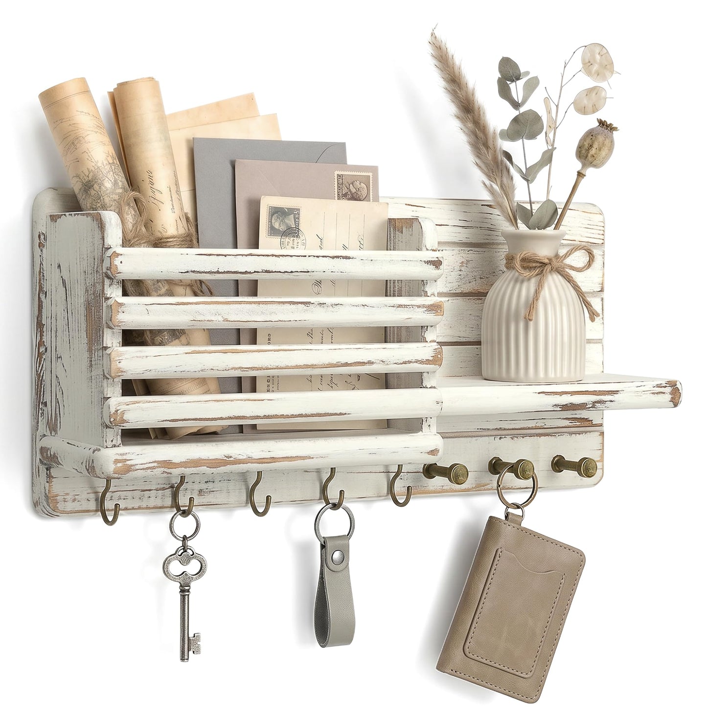 Rebee Vision Pine Wood Key Holder Wall Mount for Room Decor - Mail Organizer Featuring 8 Hooks for Dog Leash & Hats - Rustic Key Holder for Wall with Mail Slot Can Store Letters(Whitewash)