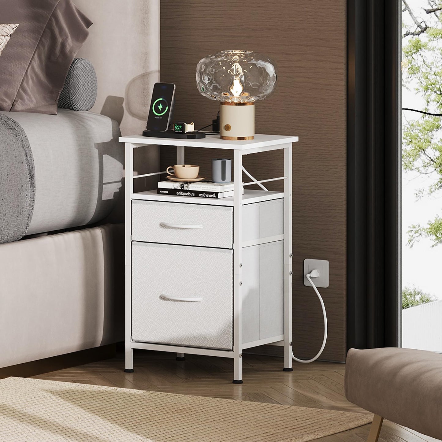 WLIVE 9-Drawer Dresser & Nightstands for Bedroom Set of 2, Organizer Unit for Bedroom with Fabric Bins, Steel Frame, Wood Top, Easy Pull Handle, White