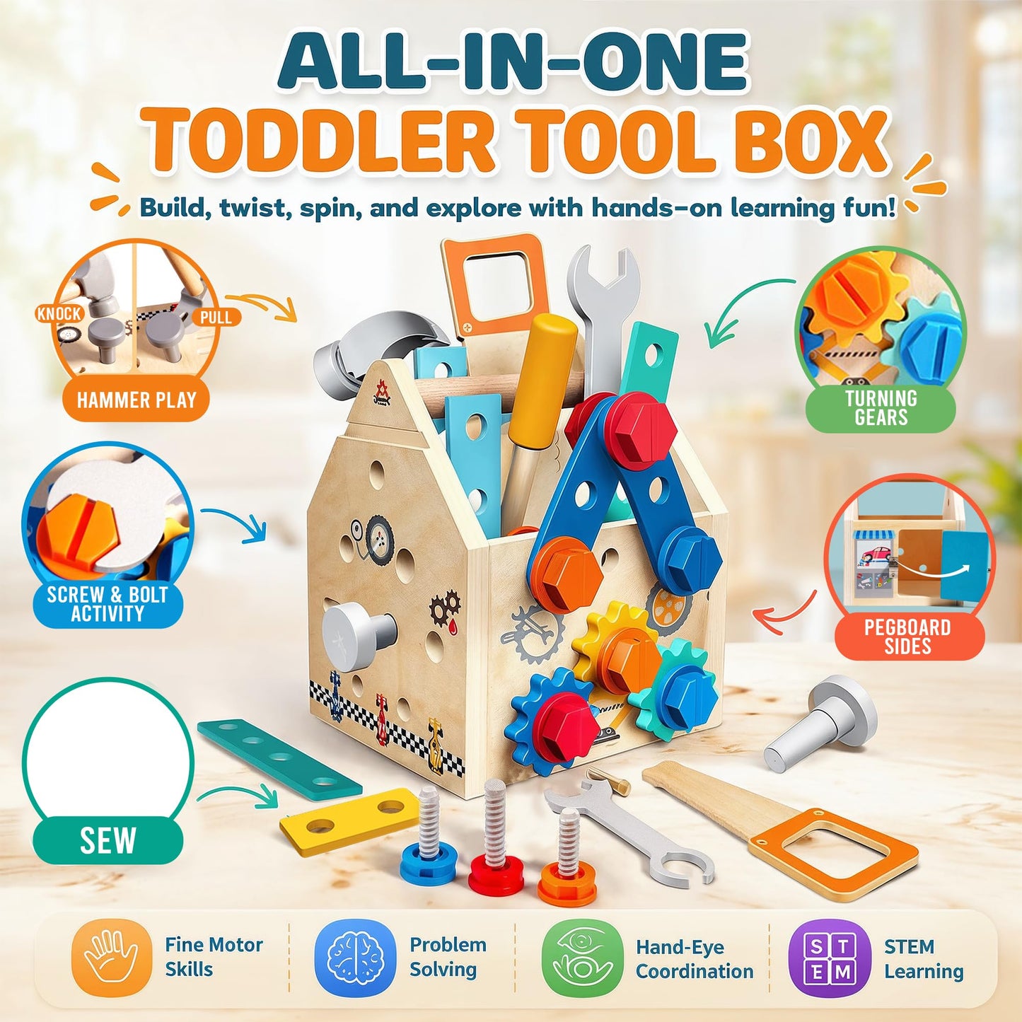 puzgic Educational Stem Kid Toys – Wooden Tool Set 4-in-1 Activity Board with Latches, Screw Assembly, Gear Game & Storage – Pretend Construction Toy for 3, 4,5,6,7 Years Boys & Girls