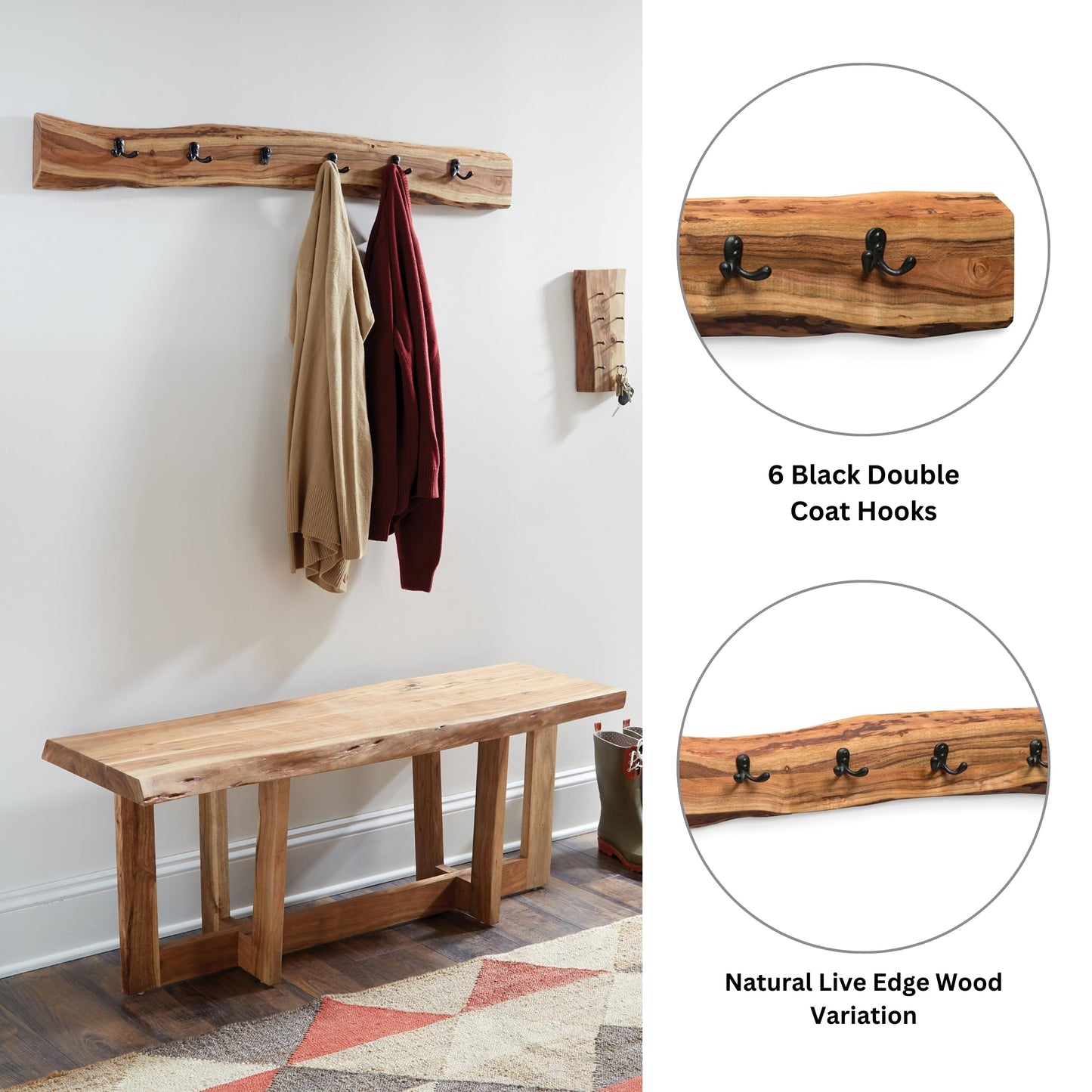 Alaterre Furniture Alpine Natural Live Edge Wood Coat Rack – 48 Inch Solid Wood Wall-Mounted Coat Hook with 6 Double Hooks – Modern Farmhouse Storage Organization for Entryway, Hallway, or Mudroom