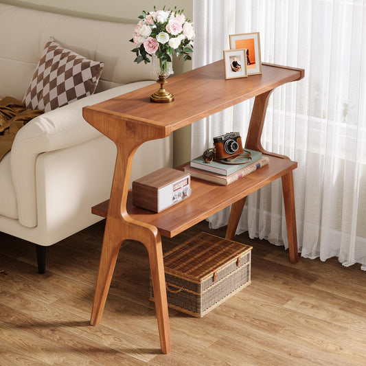 Tribesigns 2-Tier Solid Wood Side Table, Mid-Century Modern End Table with Storage Shelves, Tall Slim Side Table for Couch with Unique Legs, Long Bedside Table for Bedroom, Living Room, Cherry