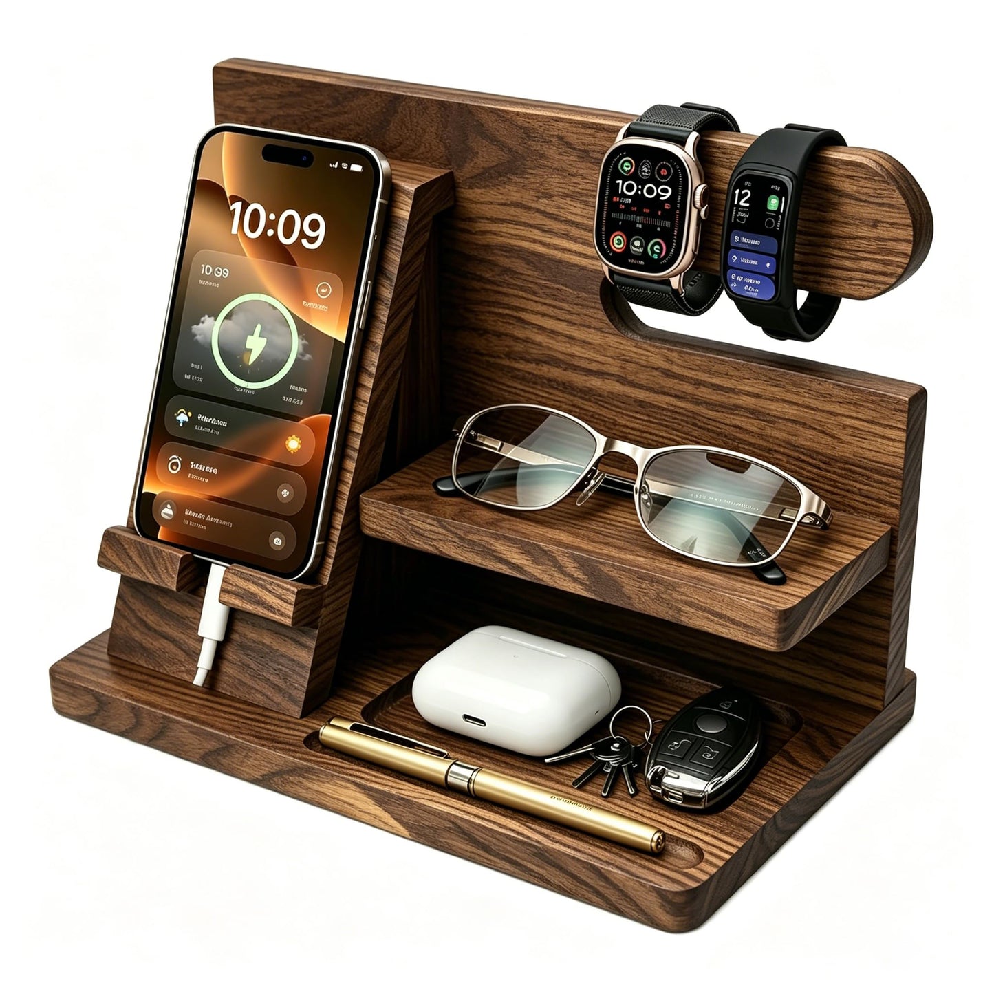 Iswabard Gifts for Men Wood Phone Docking Station Birthday Gift for Men Valentines Day Gifts Father Gift for Him Boyfriend Nightstand Organizer Desktop Phone Stand