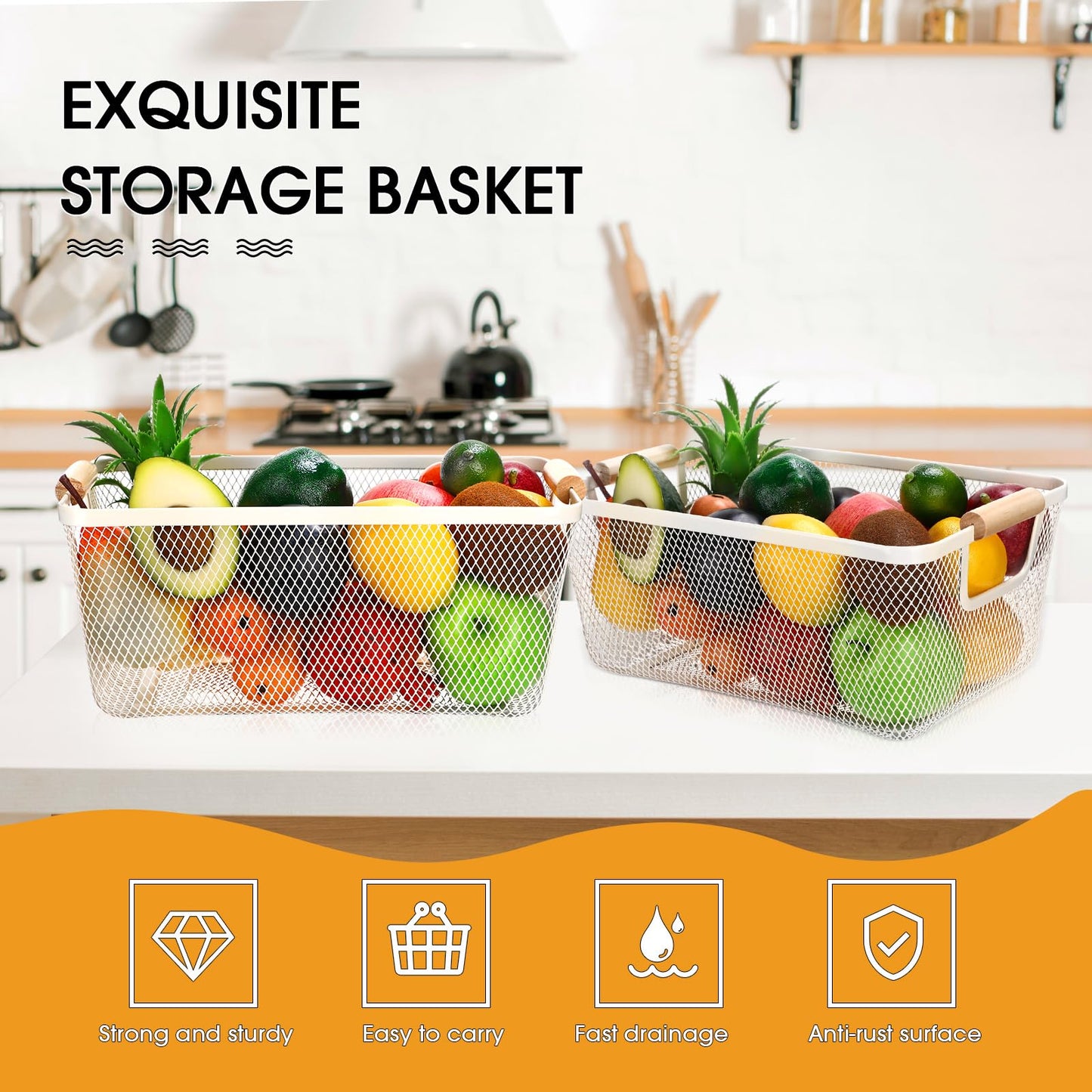Ziliny 4 Pcs Metal Mesh Wire Baskets with Wooden Handles for Organizing, Pantry Organizers and Storage Steel Bin Kitchen Baskets for Fruit Potato Onion Snacks Bathroom Cabinet(Medium,Cream White)
