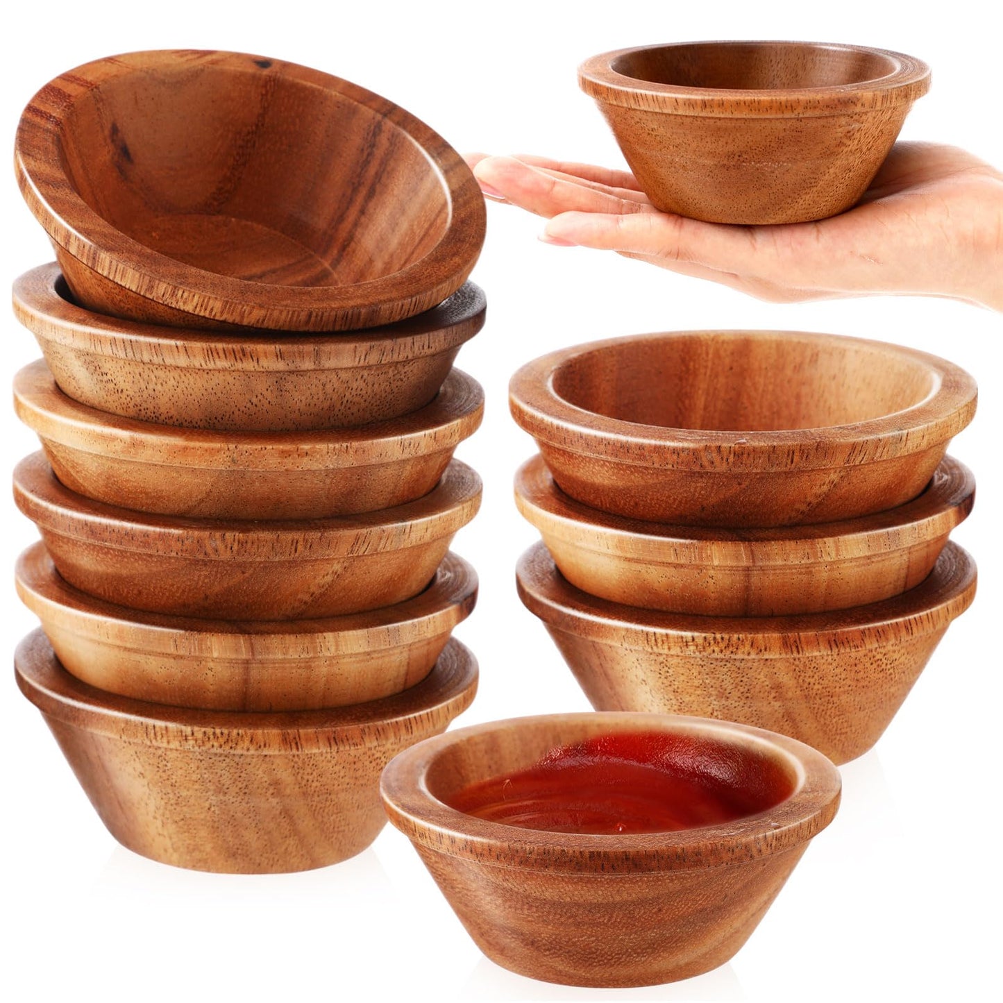 Honeydak 10 Pcs Acacia Wooden Bowls Small Calabash Bowls 4 Inch Round Wood Salad Hand Carved Calabash Dip Tray for Serving Appetizers Dips Sauce Popcorn Candy Nuts Thanksgiving Supplies Home
