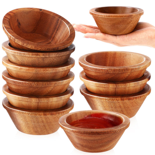 Honeydak 10 Pcs Acacia Wooden Bowls Small Calabash Bowls 4 Inch Round Wood Salad Hand Carved Calabash Dip Tray for Serving Appetizers Dips Sauce Popcorn Candy Nuts Thanksgiving Supplies Home