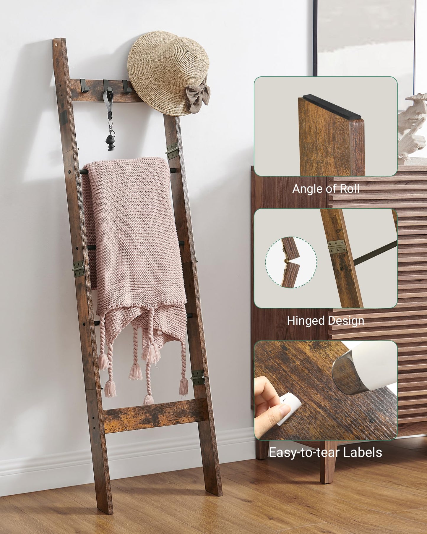 Hzuaneri Blanket Ladder for Living Room, Decorative Quilt Rack with 4 Removable Hooks, 5-Tier Farmhouse Ladder Holder Shelf Organizer for Bedroom, Rustic Brown and Black 02101BBR