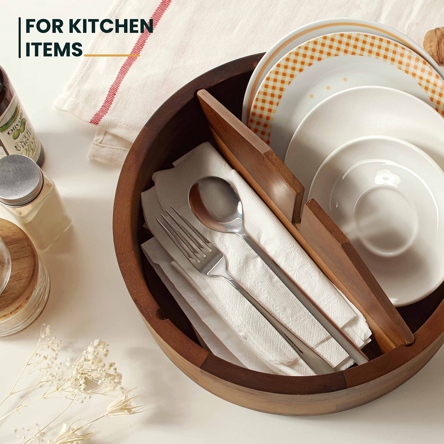 TIDITA 12" Acacia Wood Lazy Susan Organizer with 4 Dividers - Wooden Round Serving Turntable for Tabletop, Countertop - Kitchen Storage Tray Rotating Food Bin Container for Spices, Cabinet, Fridge
