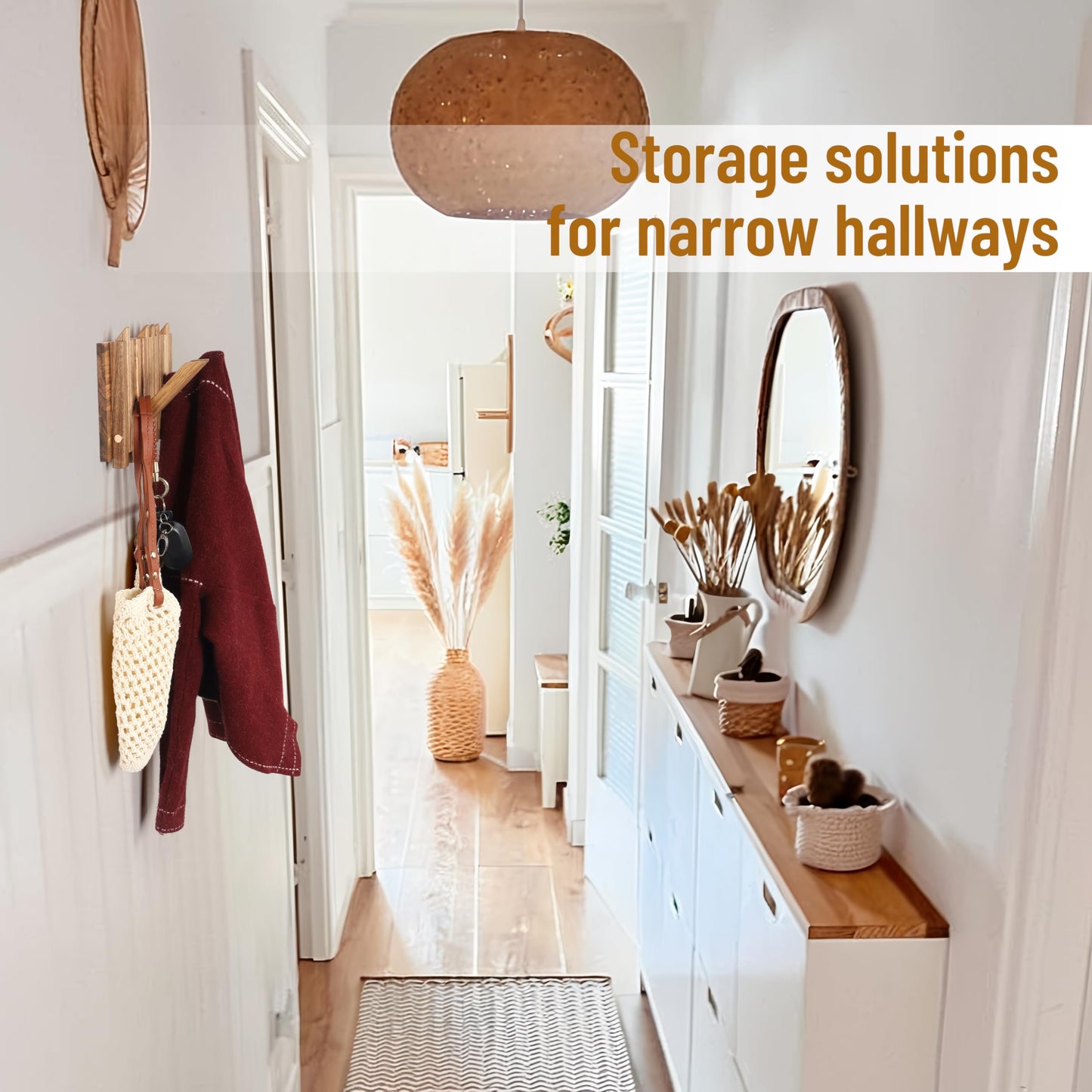 KYIAANY Small Coat Rack for Apartment: 13.2Inch Wood Rustic 8 Hooks Wall Mount Retractable for Narrow Spaces Entryway Bathroom for Hanging Light Items Jacket Towel Dog Leash Bag