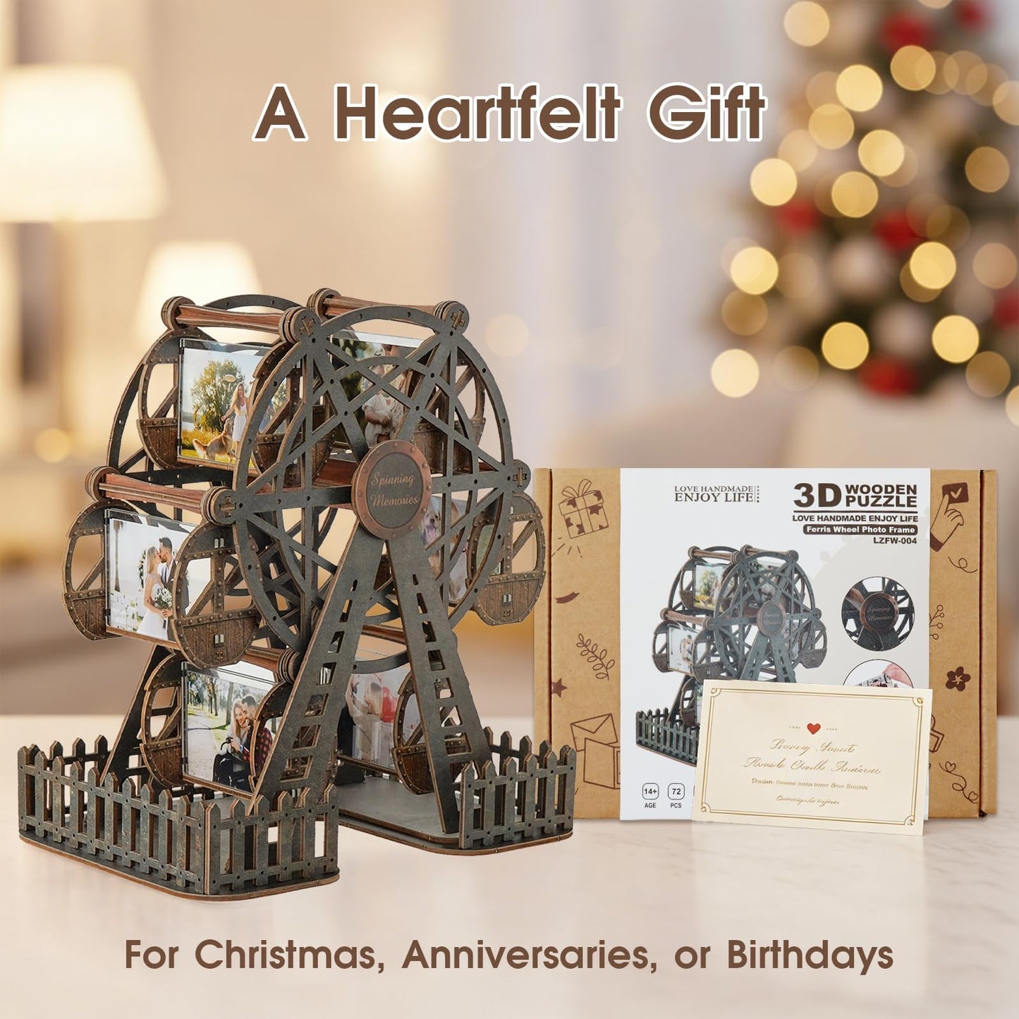 Photo Ferris Wheel 3D Wooden Puzzles for Adults, Rotating Mini Picture Frame Wood Model Kits - Unique Graduation, Personalized Anniversary Presents for Dad, Women Men