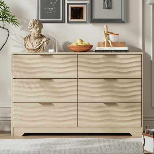 MALOL Coastline Fluted 6 Drawers Dresser for Bedroom, 48" Wide Modern Chest of TV Stand Organizers with Metal Handle, Storage Wooden Dresser Drawer for Living Room, Hallway, Closet, Natural Wood