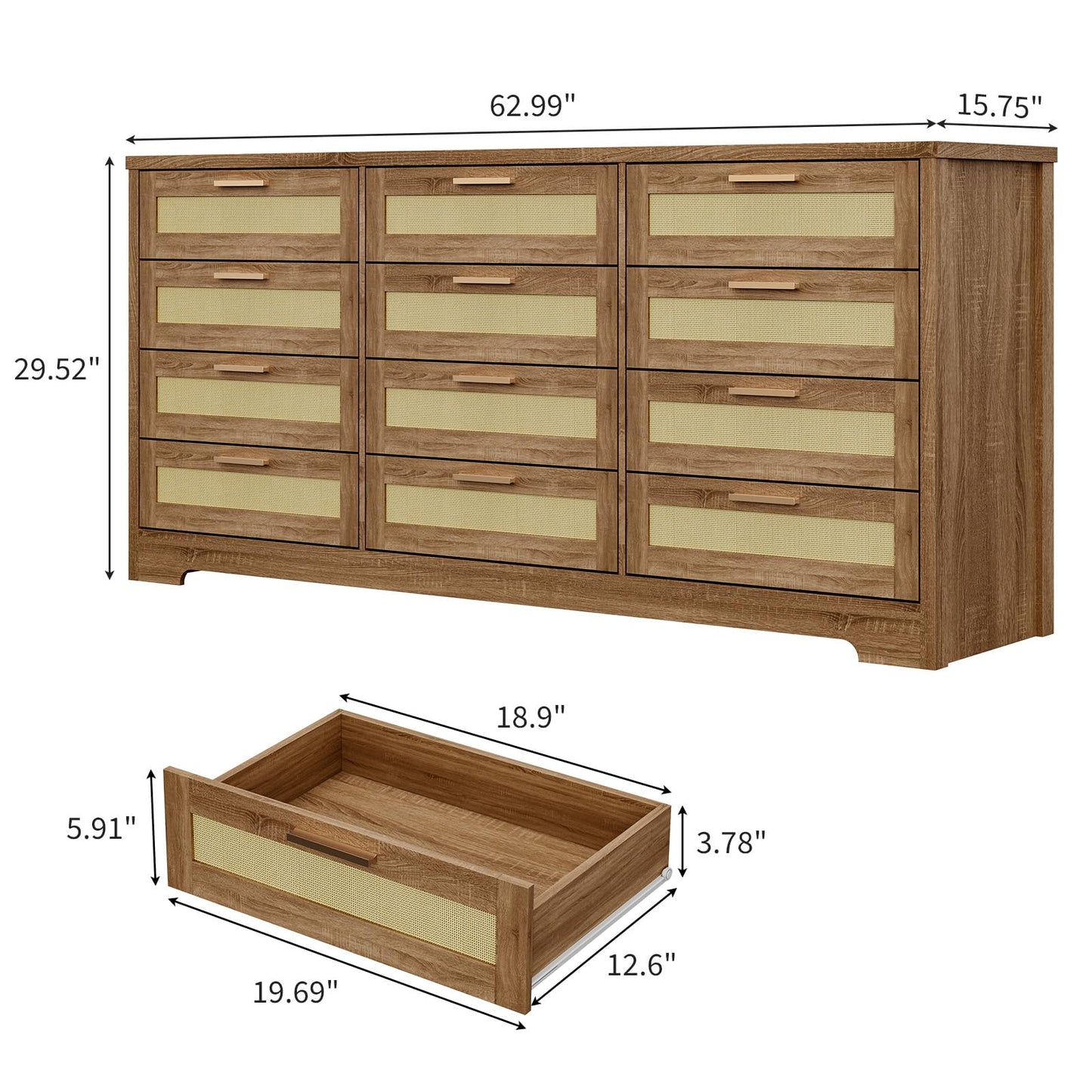 GarveeHome 12 Drawer Dresser for Bedroom, Modern Farmhouse Rattan Chest of Drawers, Wood Dresser for Closet, Living Room, Entryway, and Hallway, Natural