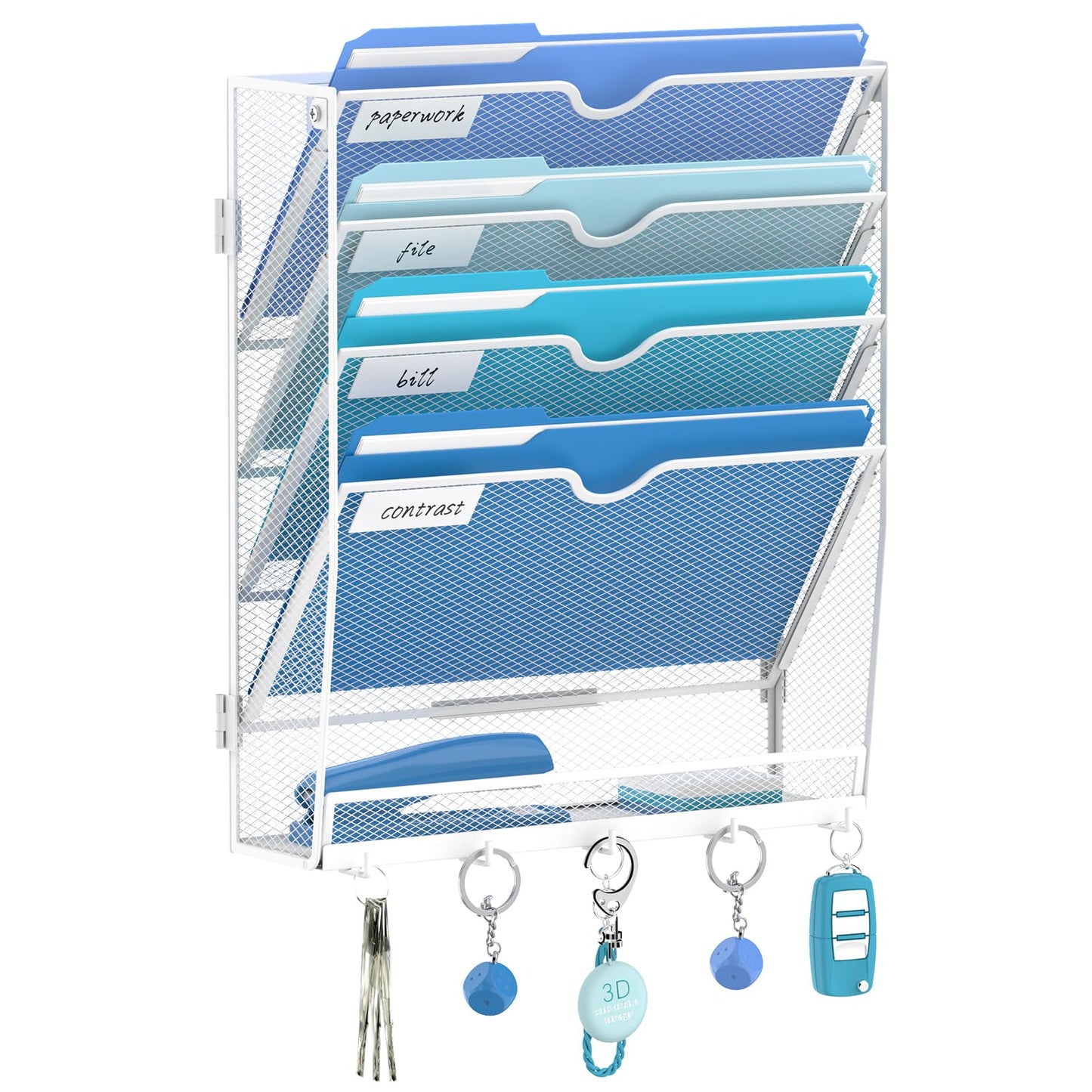 JMHUD 5 Tier Wall File Organizer - Hanging File Organizer with 5 Hooks, Mail Holder Wall Mounted for Papers, Folders, Magazines, Bills, Office&School Organization, White