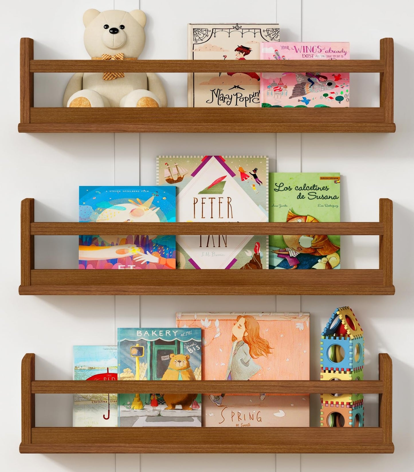 Harwaya Floating Nursery Book Shelves Wall Mounted, Wooden Wall Bookshelf for Kids Room, Dark Wood Hanging Book Shelf for Baby Toddler Childrens Bedroom (24 Inch, Walnut Brown, Set of 3)