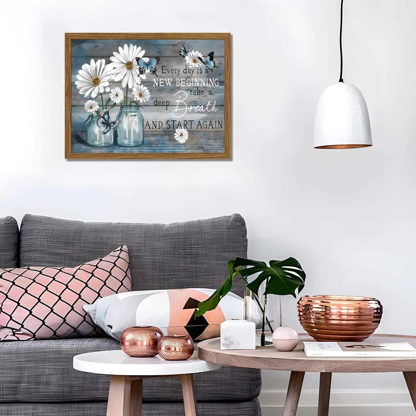 Wood Framed Daisy Butterfly Wall Art, Blue Rustic Farmhouse Canvas Wall Decor Paintings, Inspirational Flower Still Life Posters Prints Pictures for Bathroom Bedroom Home Decor 12x16 Inch