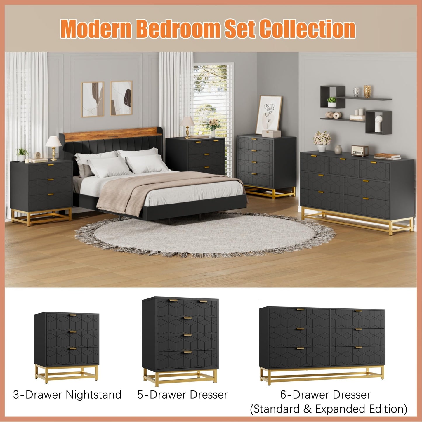 IDEALHOUSE Dresser for Bedroom, 53.5” Wide Dresser Organizer, 7 Drawer with Golden Metal Handle and Legs, Large Modern Chest of Drawers for Closet, Hallway, Living Room, Entryway, Black