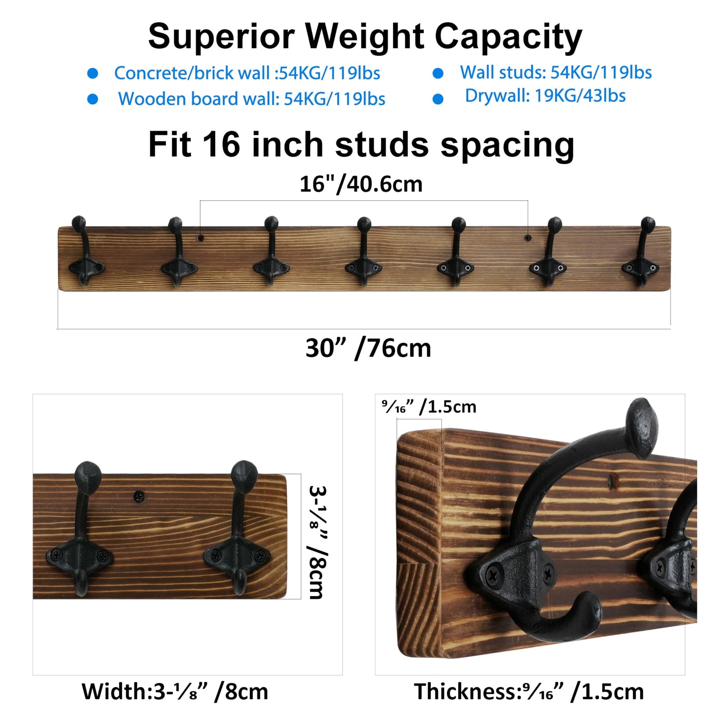 WEBI Rustic Coat Rack Wall Mount,30" Long 7 Cast Iron Coat Hooks Wall Mounted,Heavy Duty Farmhouse Wood Coat Hanger Wall Antique Vintage Hooks for Hanging Jacket,Clothes,Backpack,Brown