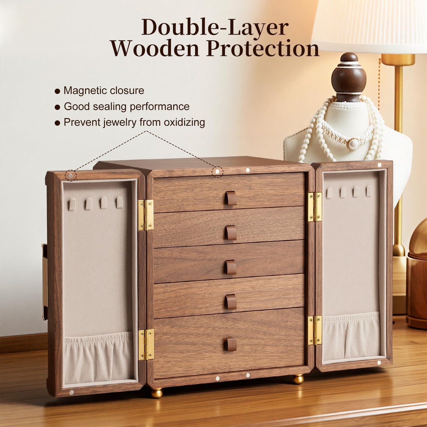 Beniaflow 5-Layer Double-Door Walnut Wood Jewelry Box