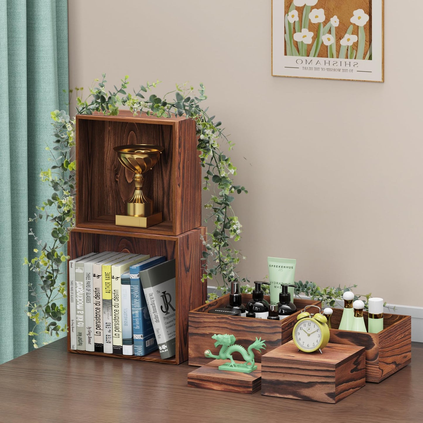 MUNNAR 6 PCS Wooden Buffet Risers, Wood Display Risers for Food, Wooden Square Risers Display Stands, Food Risers for Buffet Table (10", 9" , 8", 7", 6", 5") with 67" Faux Greenery Vine