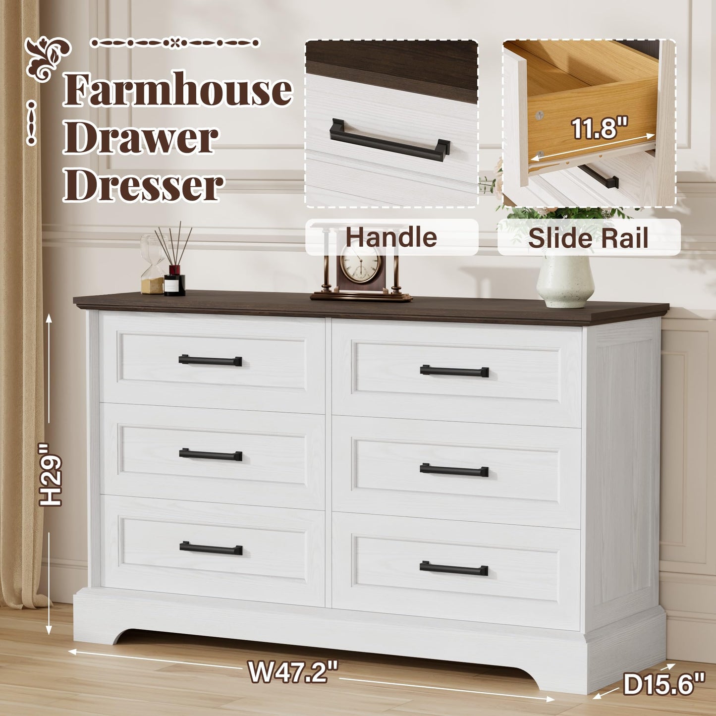 Furmax Farmhouse Dresser for Bedroom, 6 Drawers Dresser, Wood Chest of Drawers, 47.2" Wide Storage Dressers Organizer for Bedroom, Living Room, White and Brown