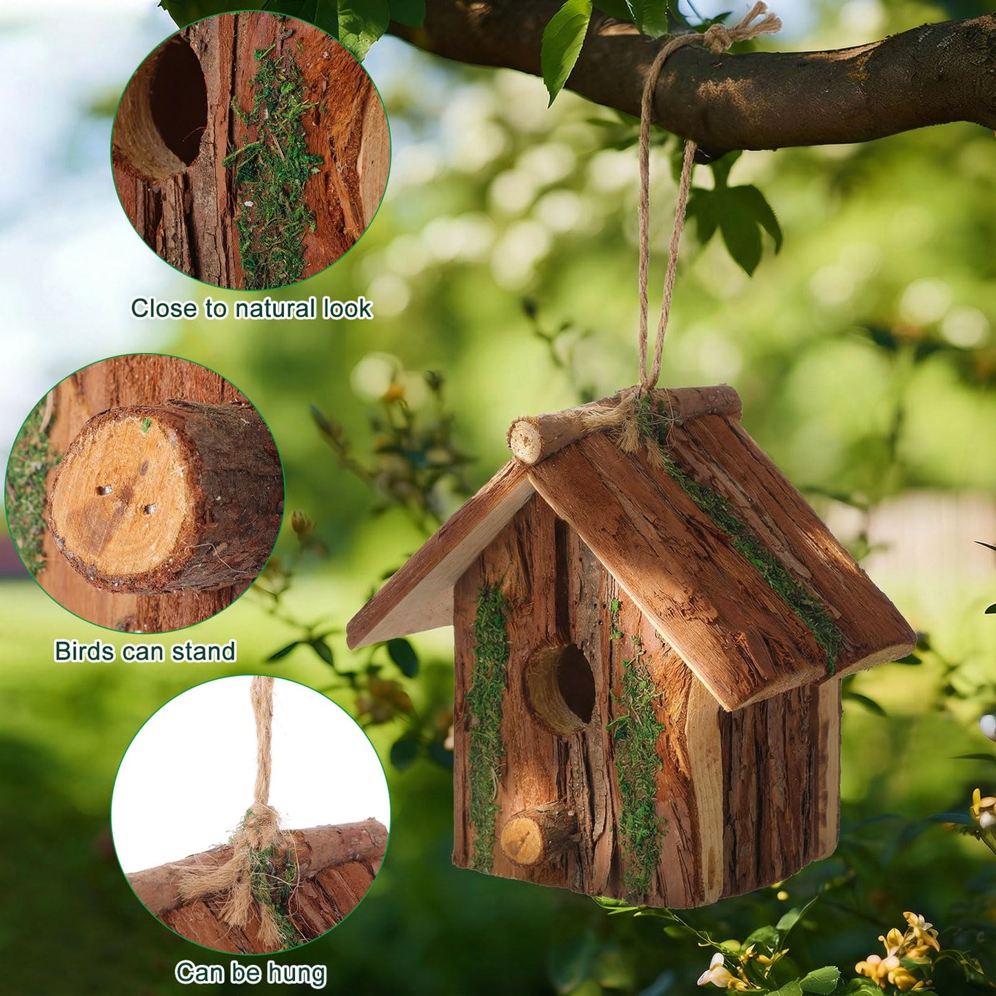 DoubleFill 2 Pcs Birdhouses for Outside Wooden Bird House with Moss Accent Hanging Design Birdhouse Natural Bark Finish Warm and Waterproof Rustic Bluebird House Cardinal Wren Hummingbird Garden