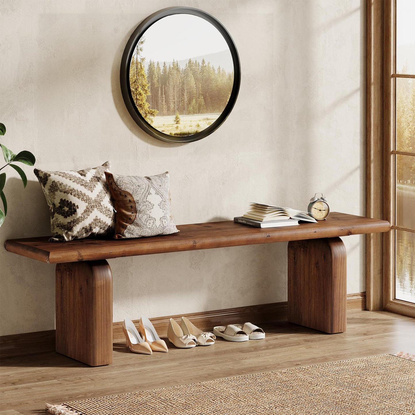 TRIBEWOOD 62.99-Inch Solid Wood Entryway Bench, Farmhouse Indoor Wooden End of Bed Bench for Entryway, Hallway, Bedroom, Dining Room, Living Room, Easy Assembly, Rustic Brown