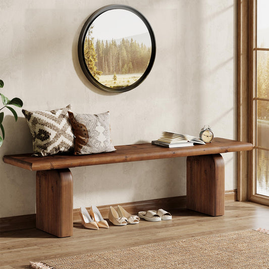 TRIBEWOOD 62.99-Inch Solid Wood Entryway Bench, Farmhouse Indoor Wooden End of Bed Bench for Entryway, Hallway, Bedroom, Dining Room, Living Room, Easy Assembly, Rustic Brown