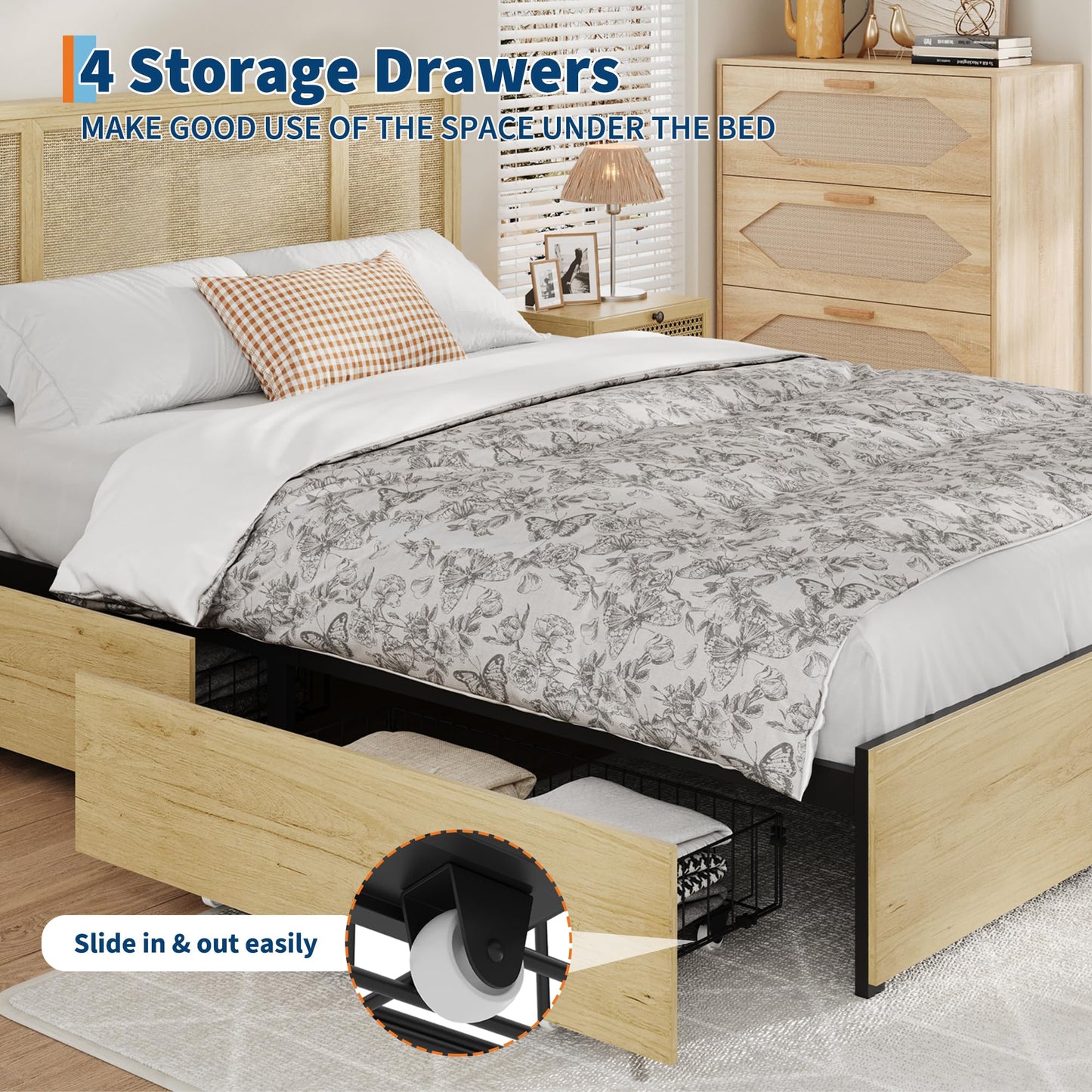 GAOMON Full Size Rattan Bed Frame with Natural Woven Headboard, Strong Wooden Slats and Metal Platform Base, Quiet Design, No Box Spring Required, 4 Storage Drawers