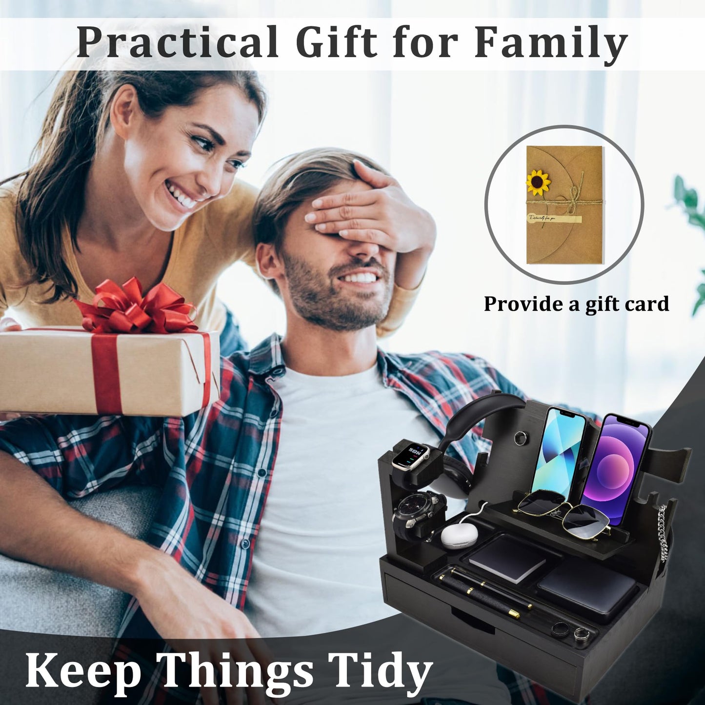 KWYADLUO Nightstand Organizer for Men with Large Drawer, Wood Phone Docking Station for Phone, Apple Watch, Wallet & Keys, Ideal Birthday Gift for Father Husband Wife, Bedside Desk Organizer (Black)