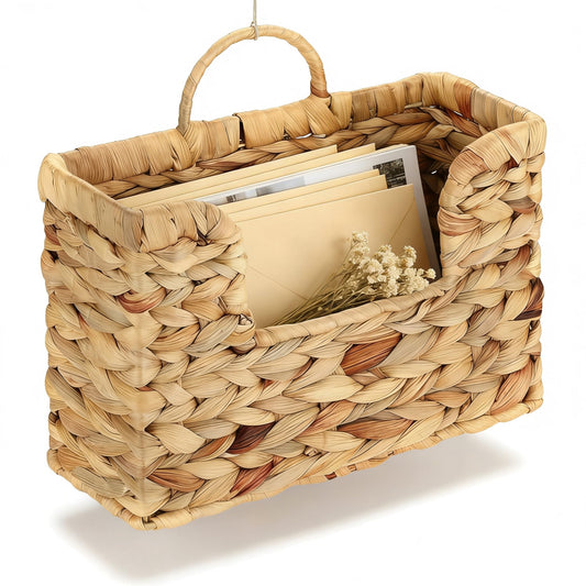 Woven Water Hyacinth Wall Basket - Hanging Magazine Holder & Mail Organizer, Natural Wicker Wall Storage Pocket for Files, Books, Entryway & Office Decor
