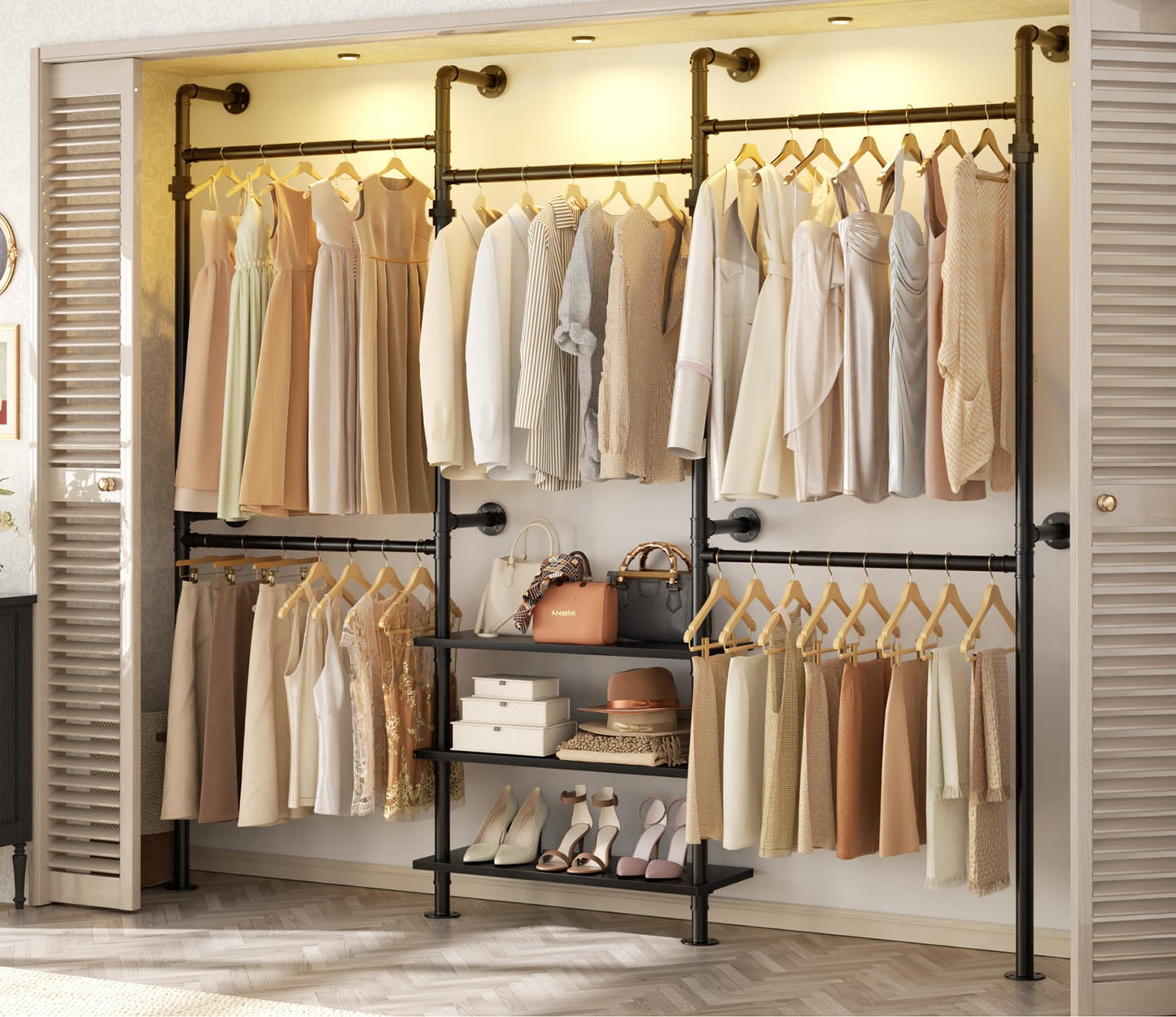 Aheaplus Expandable Industrial Corner Pipe Clothing Rack, 7.3-10.9Ft Reversible Wall Mounted Closet System, L Shaped Clothes Rack for Hanging Clothes, Heavy Duty Closet Wardrobe Garment Rack, Black