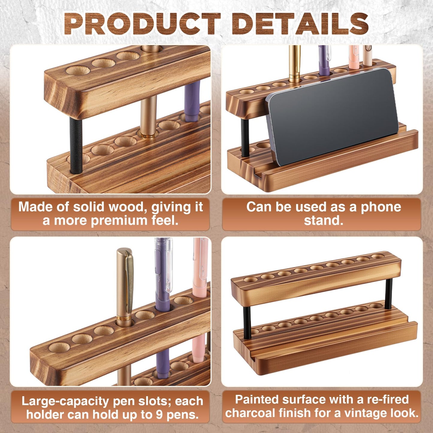 Tenceur 2 Pack Wooden Pen Holder for Desk Pencil Desk Organizer with Phone Stand and 9 Slot Dual Burned Charcoal Finish Display Stand for Fountain Pens Office and Home Stylish Office Table Decor