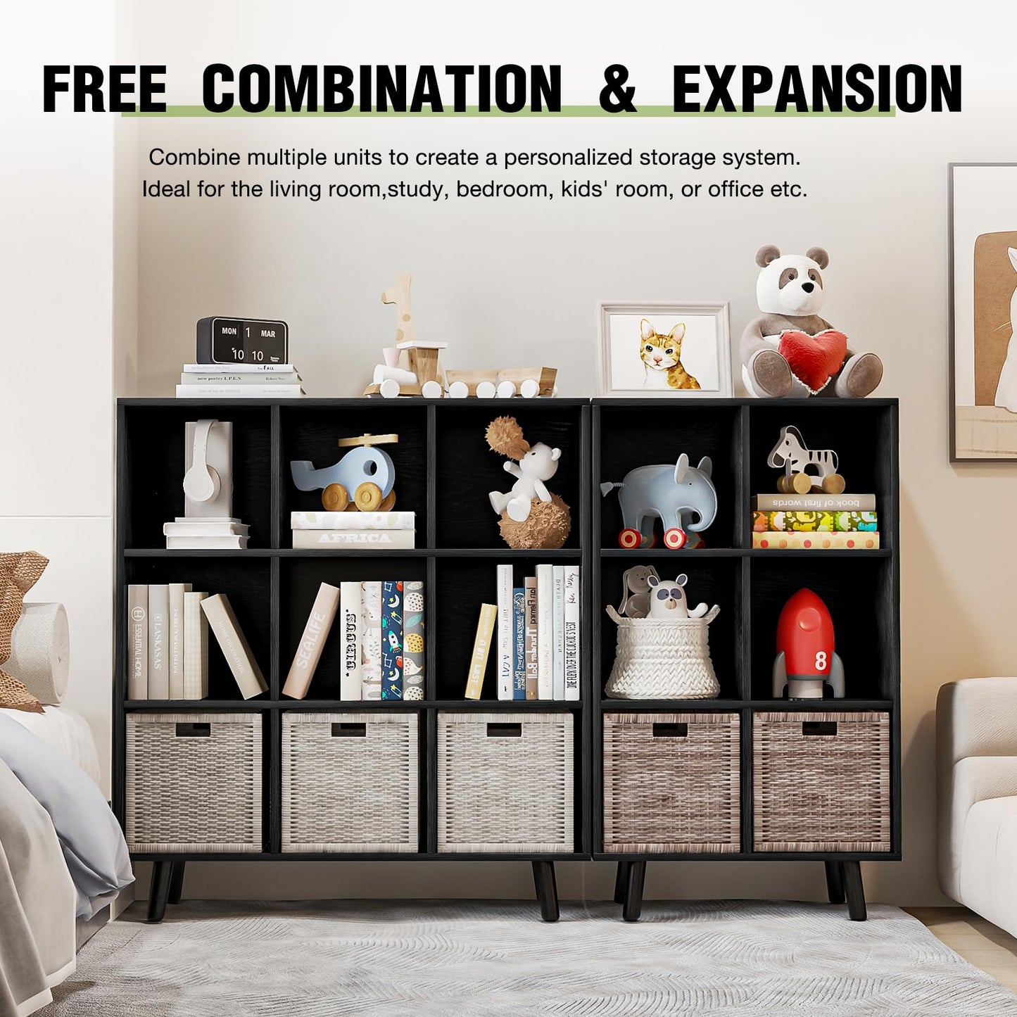 ELYUP 6-Cube Open Shelf Bookcase - 3-Tier Wooden Floor-Standing Bookshelf with Legs and Backpanel, Ideal for 11-inch Fabric Storage Bins and Miscellaneous Organizer, Black