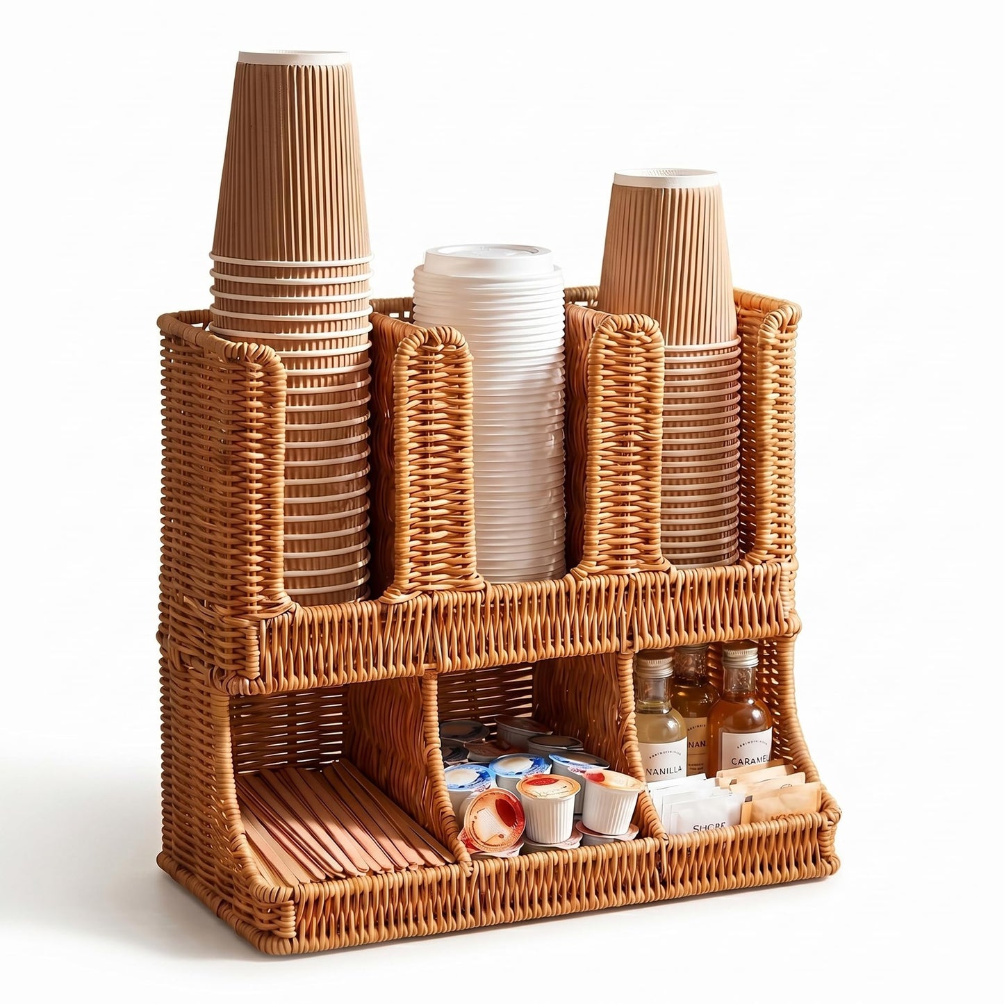 Cantalop Cup and Condiment Holder, Coffee Station Organizer for Cups Lids Sugar Creamer and Stirrers, Handwoven Countertop Coffee Bar Organizer for Office Breakroom