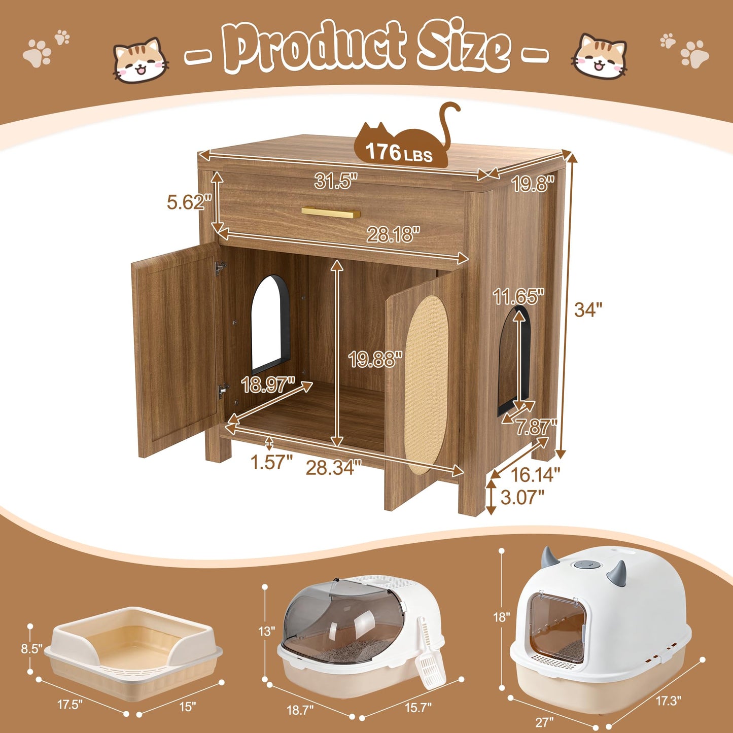 Merax 2 Pieces Cat Litter Box Enclosure with Storage Drawer, Hidden Cat Litter Box Furniture with Scratching Board Doors, Wooden Washroom Cat House Table Nightstand Box Cabinet, Espresso