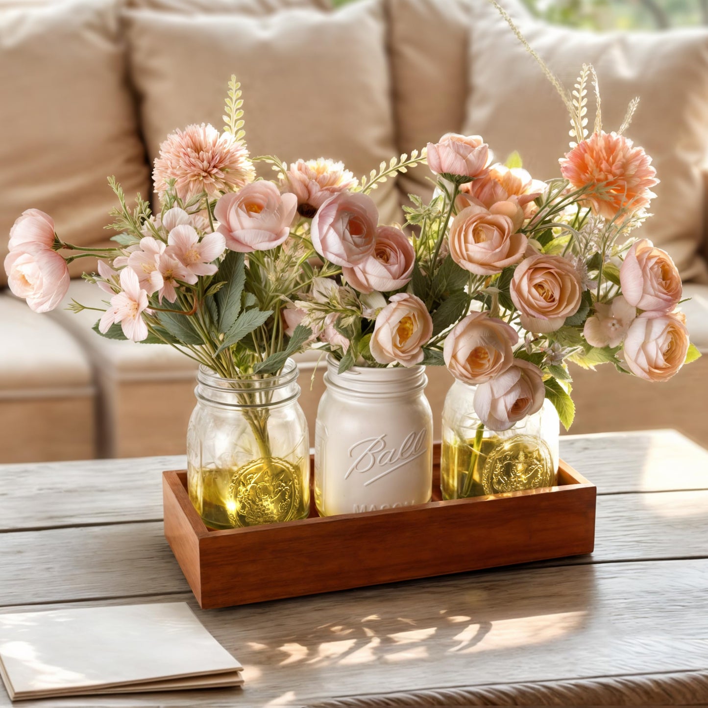 LIOZLIOLY Farmhouse Mason Jar Centerpiece with LED Lights and Artificial Flowers – Rustic Dining Table Decoration with Wooden Tray, Perfect for Kitchen, Living Room, Bathroom, or Coffee Table Decor