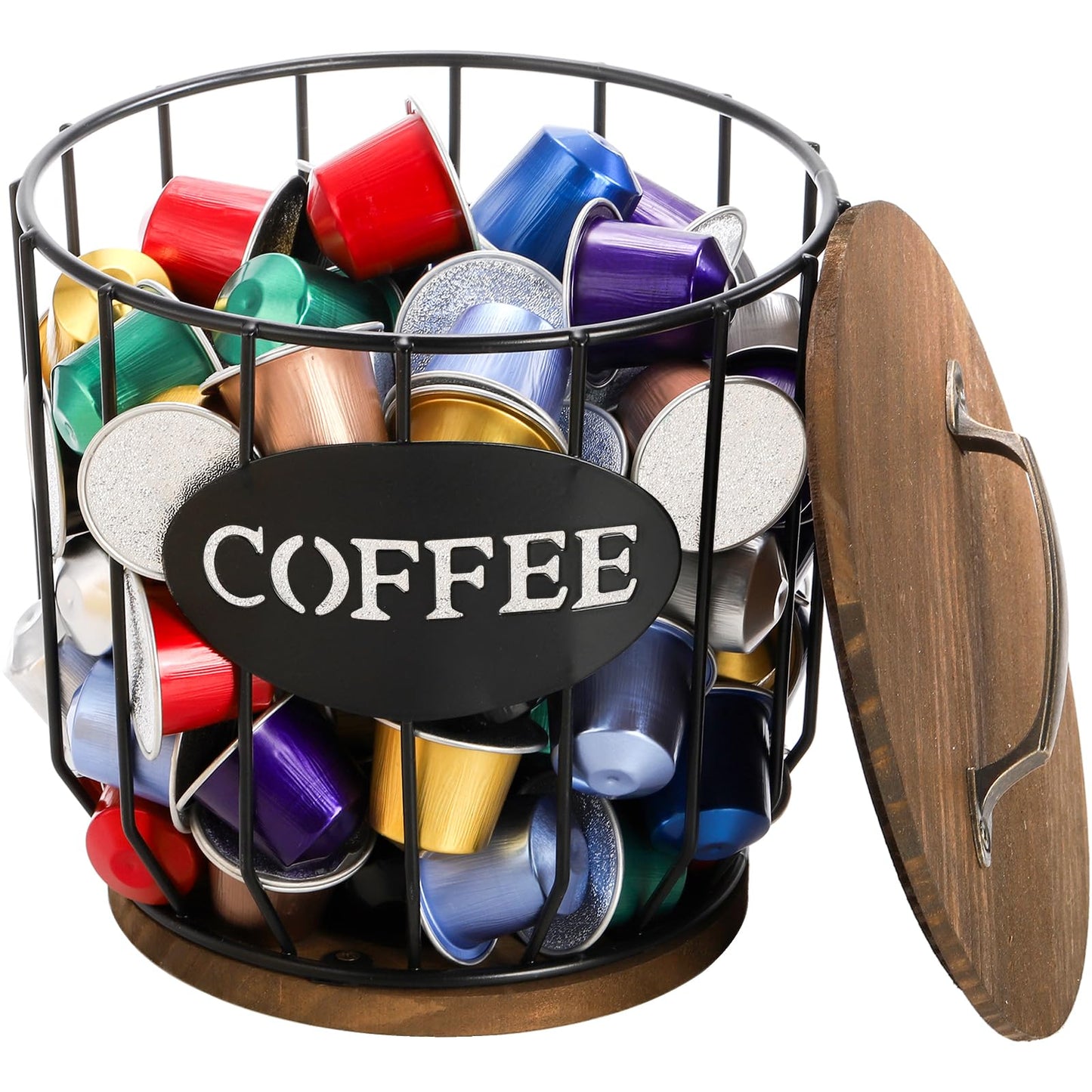 yarlung Coffee Pod Holder with Lid, Large Capacity K Cup Holder with Rustic Wooden Base, Black Wire Coffee Storage Basket for Kitchen Countertop, Cafe Bar Organizer