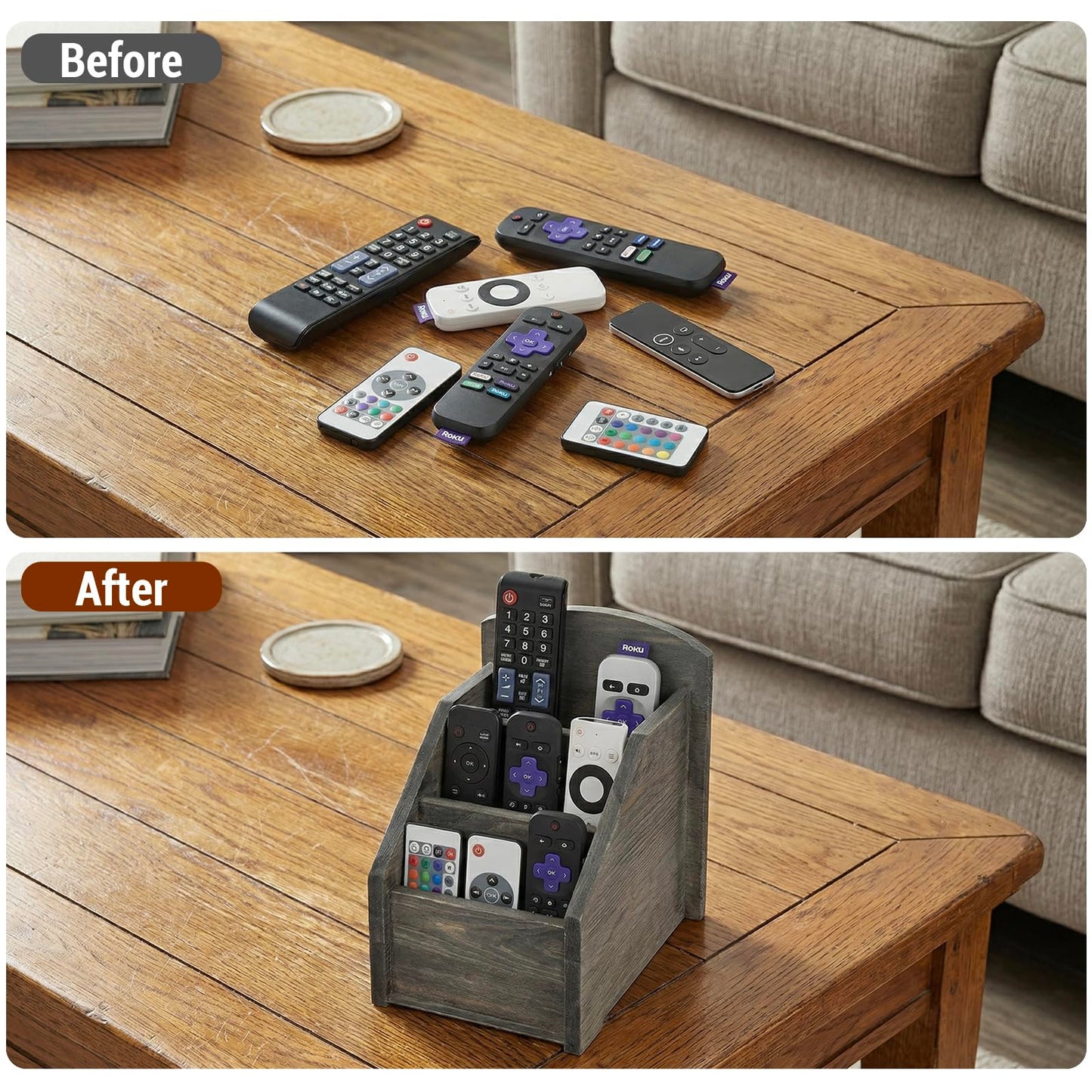 MyGift Rustic Dark Gray Wood Remote Control Holder Organizer Caddy with 3 Compartments, TV & Media Remote Storage Box for Living Room