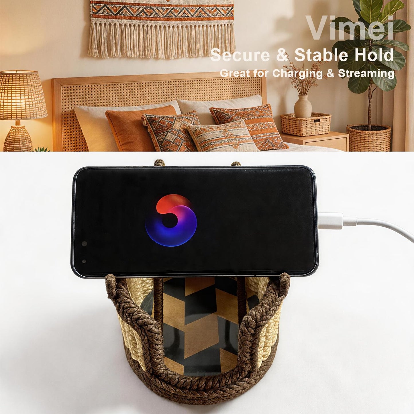Vimei Handwoven Hemp Rope Phone Stand, Boho Desktop Holder