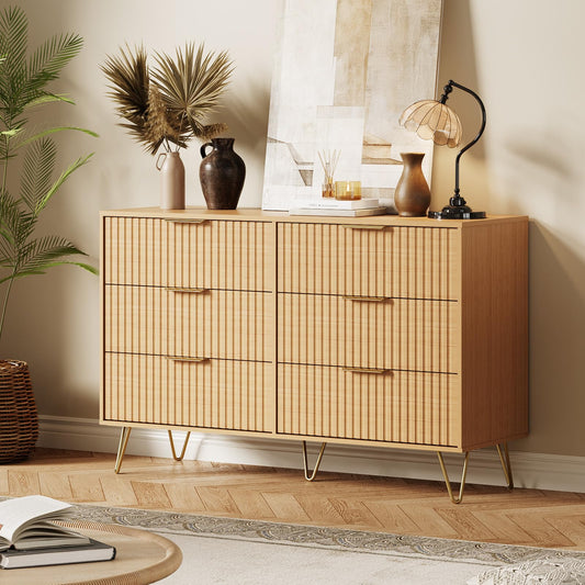 GarveeHome Fluted Dresser for Bedroom with 6 Drawers,47" Wide Modern Chest of Wooden Bedroom Chest with Metal Handle,Clothes Storage Organizer,Dresser & TV Stand for Living Room,Hallway