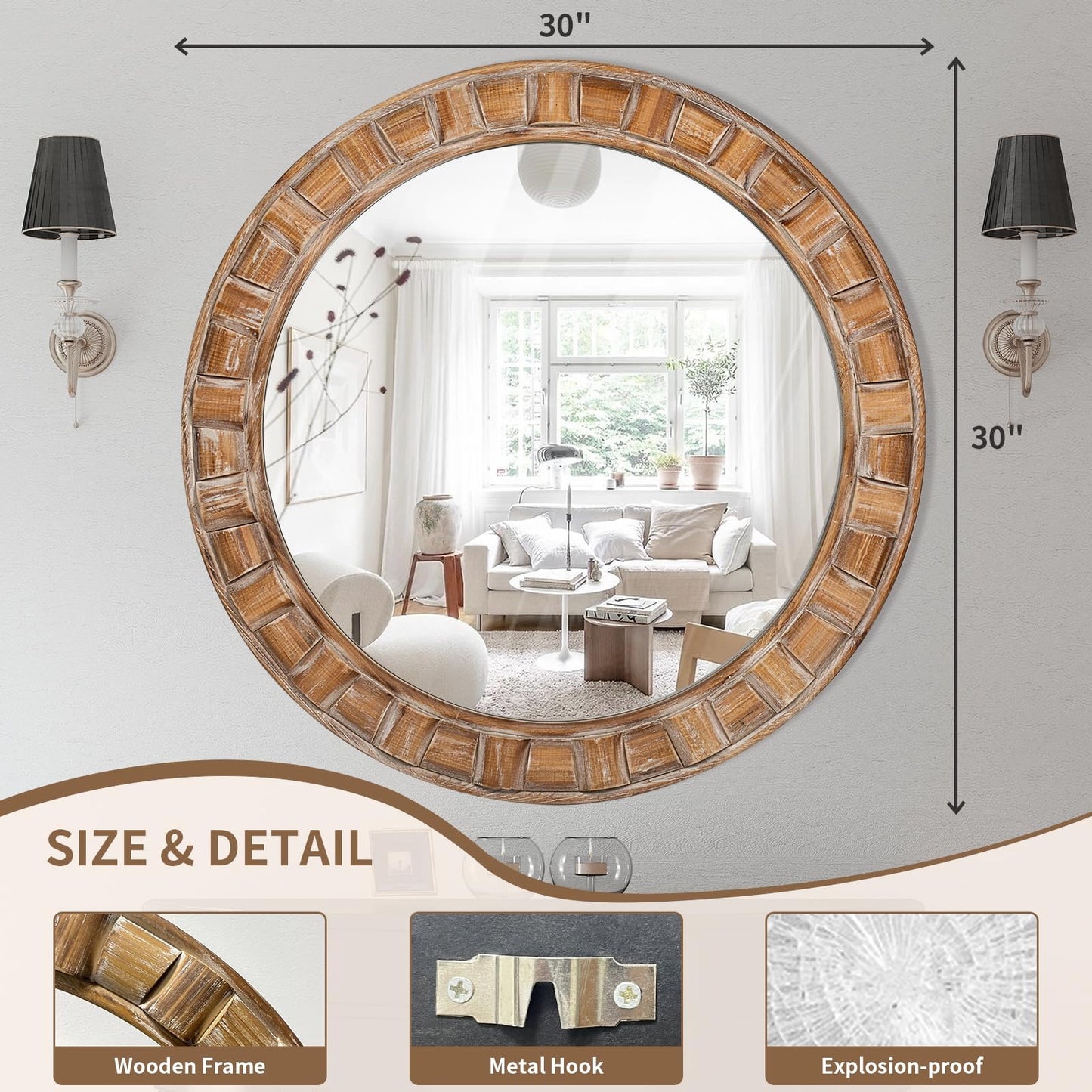 XGGJWW 30 Inch Brown Solid Wood Round Wall Mirrors, Decorative Circle Mirror for Bathroom, Bedroom, Living Room, Hallway, Foyer, Entryway