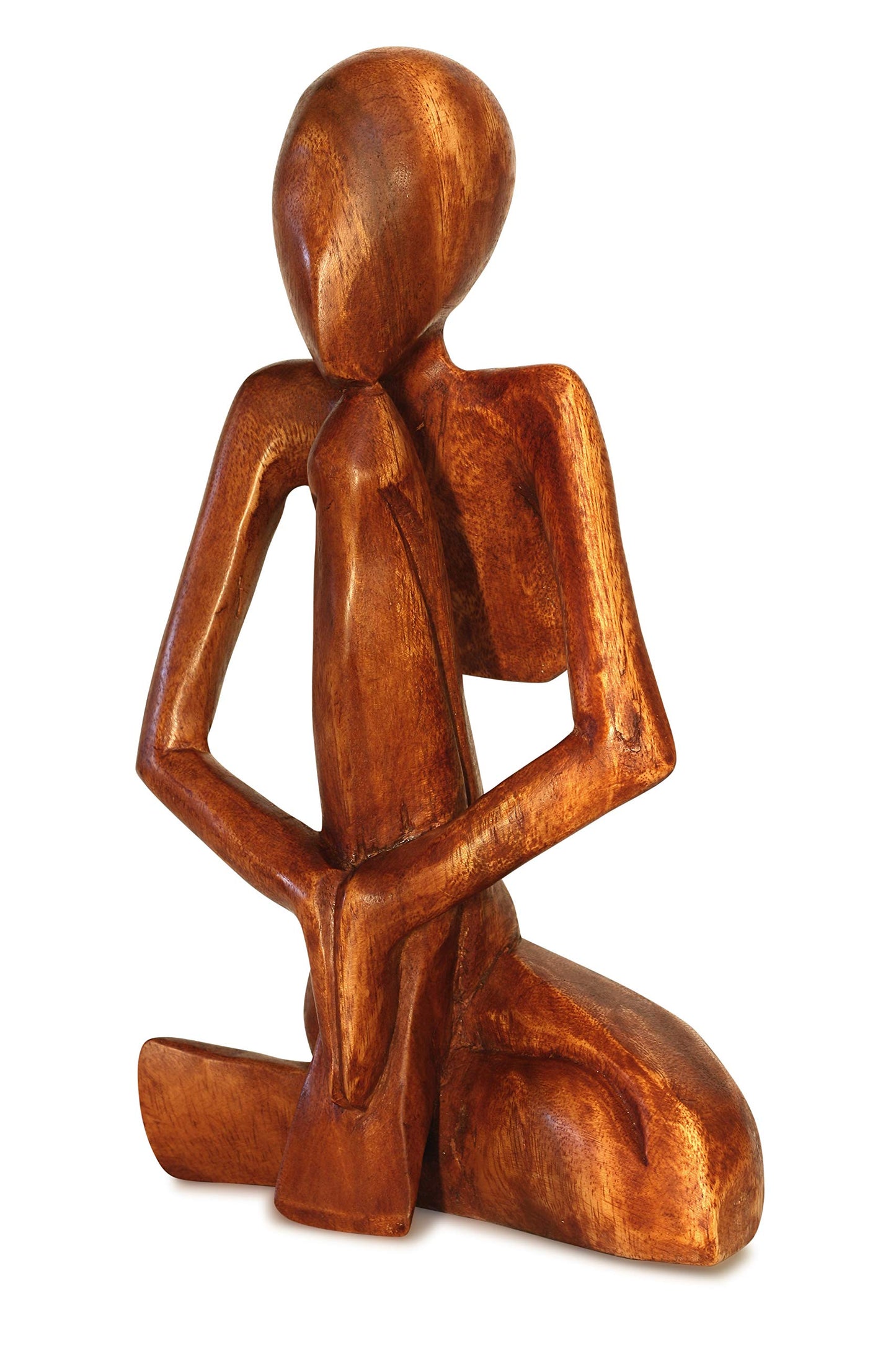 G6 Collection Wooden Handmade Abstract Sculpture Statue - Hand Carved Suar Wood Praying Man Figurine - Thinker Meditating Spiritual Gift - Modern Art Home Decor Accent for Shelf - 12 inch