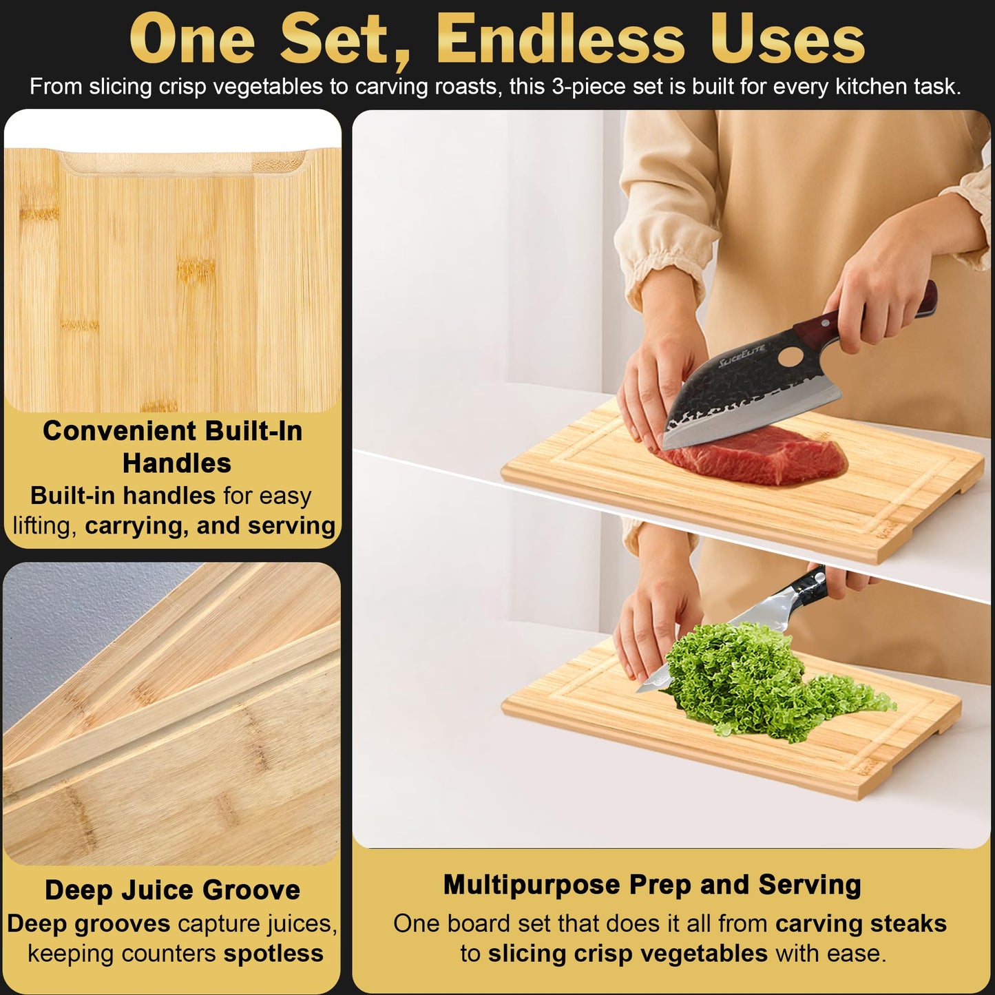 SliceElite Bamboo Cutting Board Set of 3 Wooden Cutting Boards for Kitchen with Juice Grooves Side Handles Bamboo Chopping Boards for Meat Vegetables Fruit Bread Charcuterie Meal Prep Serving Tray Set